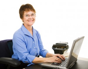 Friendly Stenographer with Laptop and Stenotype Machine