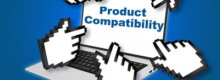 Many hands pointing to a laptop screen, which reads, "product compatibility" | Featured image for Foot Pedal Compatibility – Introducing the Olympus Foot Switch Configuration Tool blog for Pacific Transcription.