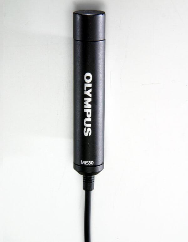 Overhead zoomed in photo of the Olympus ME-30W Omni directional 2-Channel Microphone | featured image for Olympus ME-30W Omni directional 2-Channel Microphone Kit.