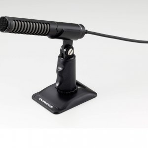 Photo of an assembled Olympus ME-31 compact gun microphone on a stand | featured image for Olympus ME-31 Compact Gun Microphone.