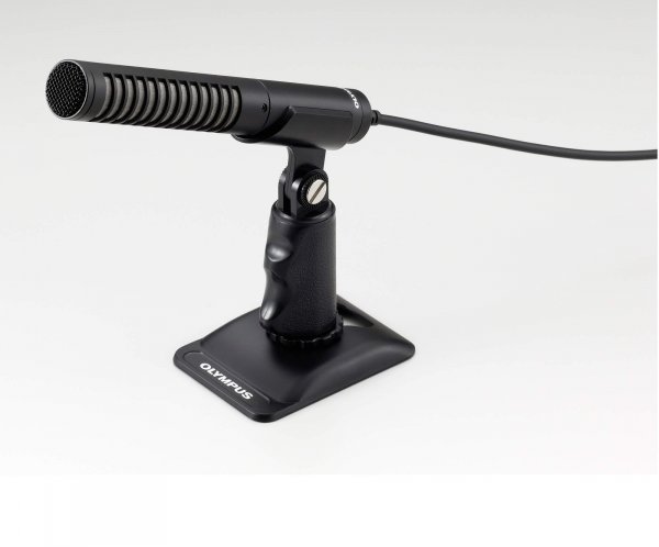 Photo of an assembled Olympus ME-31 compact gun microphone on a stand | featured image for Olympus ME-31 Compact Gun Microphone.