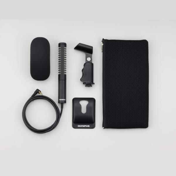 Photo of the Olympus ME-31 compact gun microphone with carrying case and other components | featured image for Olympus ME-31 Compact Gun Microphone.