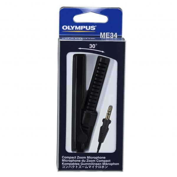 Photo of the Olympus ME-34 compact zoom microphone in packaging | featured image for Olympus ME-34 Compact Zoom Microphone.