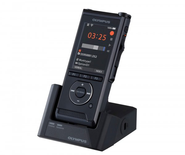 A Dictaphone sitting in its cradle