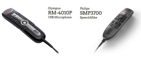 Side by side photo of the RM-4010P and SMP3700 for comparison | Featured image for Comparing the Olympus RM-4010P and Philips SMP3700 Desktop Dictation Microphones blog for Pacific Transcription.