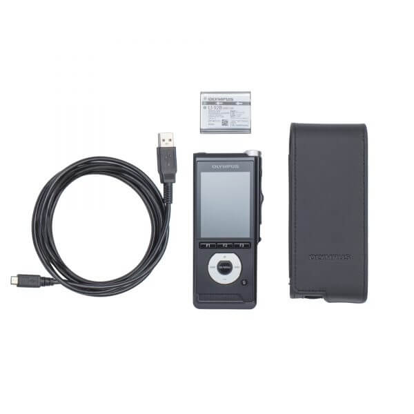 Photo of the Olympus DS-2600 with all the included components | featured image for Olympus DS-2600 Business Dictation Recorder.