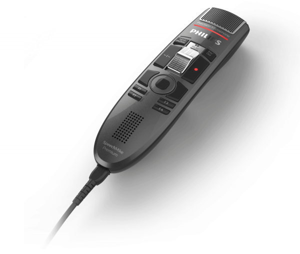 Photo of the Philips SpeechMike Premium laying flat | featured image for Philips SpeechMike Premium Touch SMP3710 Slider.
