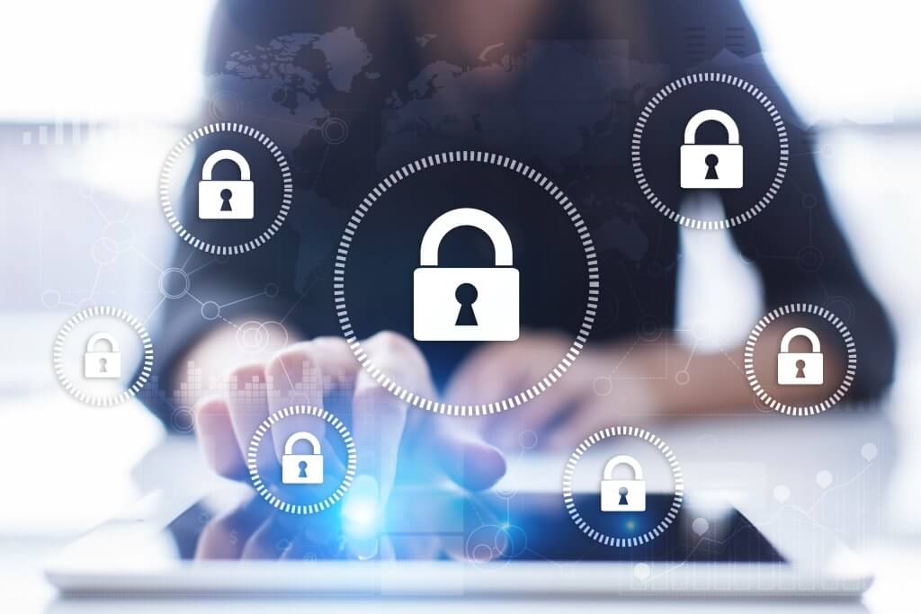 Cyber security, Data protection, information safety and encryption. Internet technology and business concept. Virtual screen with padlock icons.