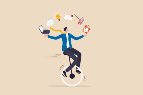 Man on unicycle, juggling many items in the air, mastering the task at hand | Featured image for 5 Simple Tricks to Master Microsoft Word blog from Pacific Transcription.