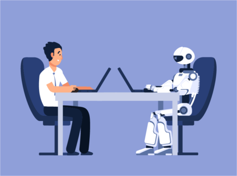Person and robot sitting at desk, face-to-face, about to have a "type-off" to see who can transcribe most accurately and quickly | Featured image for Man vs. Machine: Our Typists take on Speech Recognition Software.