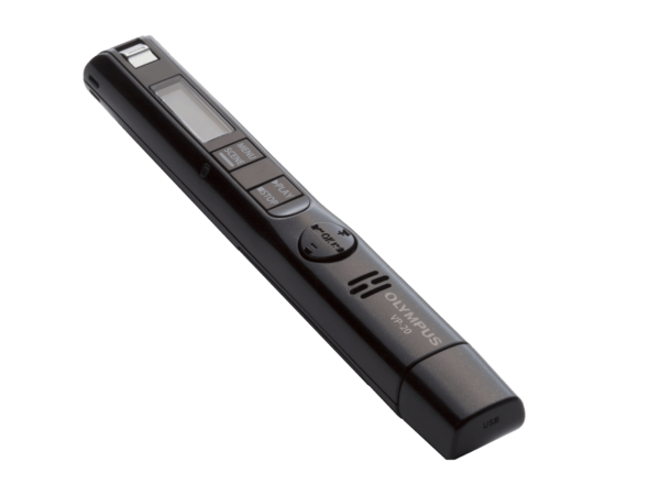 Black Olympus slim pen style digital voice recorder | featured image for Olympus VP-20 Pen Style Digital Voice Recorder.
