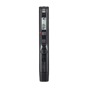Photo of a vertical Olympus VP-20 pen style digital voice recorder on a checkered background | featured image for Olympus VP-20 Pen Style Digital Voice Recorder.