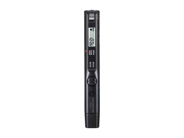 Photo of a vertical Olympus VP-20 pen style digital voice recorder on a checkered background | featured image for Olympus VP-20 Pen Style Digital Voice Recorder.