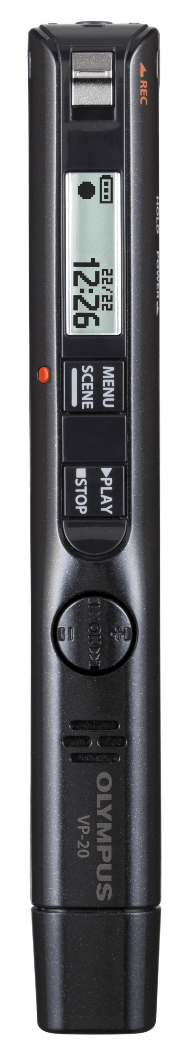 Photo of a vertical Olympus VP-20 pen style digital voice recorder | featured image for Olympus VP-20 Pen Style Digital Voice Recorder.