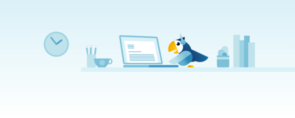 Graphic of a bird working at a computer surrounded by office materials | Featured Image for Philips SpeehLive 12-Month Subscription Page by Pacific Transcription.