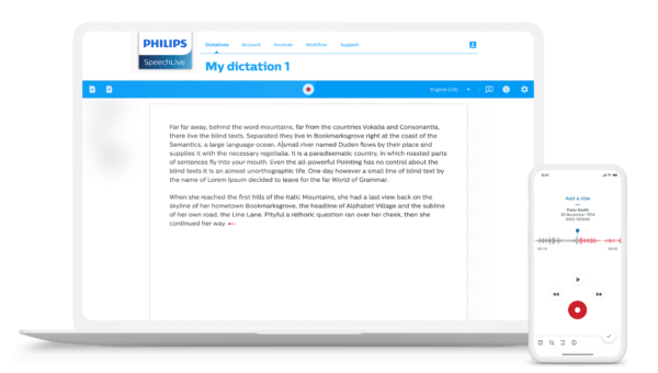 Image of Philips SpeechLive dictation on a laptop with a mobile phone image showing a recording | featured image for Philips Speech Live.