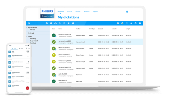 Image of the My dictations page on a laptop next to a mobile phone running the app | featured image for Philips Speech Live.