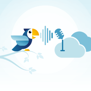 Graphic of a bird talking into a microphone | Featured Image for Philips SpeehLive 12-Month Subscription Page by Pacific Transcription.