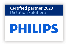 Image of Philips Certified Partner 2023 Dictation Solutions logo, certifying Pacific Transcription as a certified partner.
