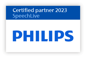 Image of Philips Certified Partner 2023 SpeechLive logo, certifying Pacific Transcription as a certified partner.
