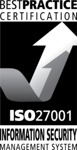 Pacific Transcription is ISO 27001 certified, black and white image of an arrow pointing upwards.