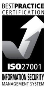 Pacific Transcription is ISO 27001 Certified, black and white image with arrow pointing upwards